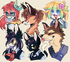 accessory anthro ascot basketball_uniform black_body black_fur black_hair blonde_hair blue_eyes blue_tongue blush brown_body brown_eyes brown_fur brown_hair clothing dipstick_tail feather_hair feathers female flower flower_in_hair fur grey_body grey_fur group hair hair_accessory happy male markings open_mouth open_smile plant pseudo_hair red_hair smile sportswear sweater sweater_vest tail tail_markings tongue tongue_out topwear uniform vest mozzaremi omori_(game) aubrey_(omori) basil_(omori) hero_(omori) kel_(omori) mari_(omori) sunny_(omori) avian bird canid canine canis domestic_cat domestic_dog felid feline felis lizard mammal reptile scalie wolf 2021 bust_portrait hi_res portrait brother_(lore) brother_and_sister_(lore) brothers_(lore) sibling_(lore) sister_(lore)