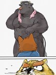 2022 anthro belly black_body brown_body brown_fur canid canine canis comic domestic_dog duo fur hi_res humanoid_hands kemono male mammal moobs musclegut muscular navel nipples overweight overweight_male pommn_mn towel towel_around_neck