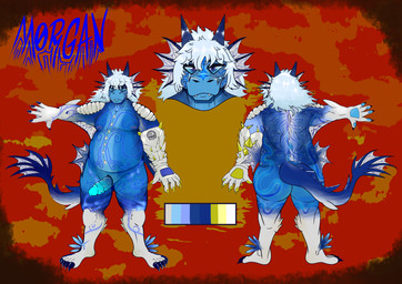 anthro armor belly big_butt blue_body butt clothing fangs feet gauntlets genitals gloves glowing glowing_genitalia hair handwear horn looking_at_viewer male overweight penis simple_background solo tattoo teeth white_hair ryuzka mythology aquatic aquatic_dragon dragon hybrid mythological_creature mythological_scalie scalie absurd_res hi_res model_sheet