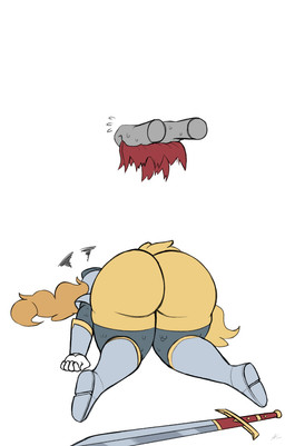ambiguous_gender angry armor ass_up big_butt bubble_butt butt clothing disembodied_hand duo female huge_butt melee_weapon panties red_clothing red_panties red_underwear sword torn_clothing torn_panties torn_underwear underwear weapon wedgie digitalpelican amelia_steelheart canid canine canis domestic_dog mammal 2021 hi_res