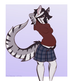 anthro black_body black_fur black_hair black_nose black_stripes border boxers_(clothing) clothing cross ear_piercing ear_stud female fur grey_body grey_fur hair hand_behind_head hand_on_belly highlights_(coloring) inner_ear_fluff inverted_cross markings piercing pink_inner_ear pregnant pregnant_anthro pregnant_female purple_background shirt simple_background solo standing striped_body striped_fur striped_markings striped_tail stripes t-shirt tail tail_markings topwear tuft underwear white_border white_highlights white_inner_ear_fluff dansharkman arden_(averageace) genet mammal viverrid 2026 digital_drawing_(artwork) digital_media_(artwork) english_description hi_res