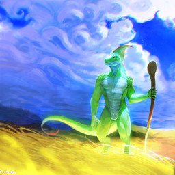 animal_genitalia anthro balls cloud fin genital_slit genital_slit_balls genitals green_body green_eyes green_scales head_fin holding_object holding_staff light looking_forward male markings outside plant scale_markings scales sky solo staff standing sunlight white_body white_scales kinutao zenthry_(character) reptile scalie absurd_res hi_res signature