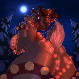 anthro anus bell bell_armlet big_breasts biped breasts brown_body brown_fur brown_hair christmas_decorations christmas_lights female full_moon fur genitals hair holding_breast huge_breasts jingle_bell looking_at_viewer looking_back looking_back_at_viewer looking_down looking_down_at_viewer low-angle_view moon mostly_nude night outside plant snow solo text tree vulva year avinz winter_(avinz) deer mammal new_world_deer reindeer 1:1 2020 signature url