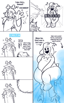 ambiguous_gender anthro antlers big_butt blue_fart_cloud boots butt clothed clothing dialogue duo elemental_manipulation facesitting fart fart_cloud fart_fetish farting_on_another farting_on_face female footwear freckles frozen gameplay_mechanics hair hat headgear headwear horn ice ice_manipulation looking_at_viewer open_mouth shoes simple_background sitting_on_another slightly_chubby smile tail text thick_thighs white_body wide_hips ti-ling atlus deltarune megami_tensei sega undertale_(series) jack_frost_(megami_tensei) noelle_holiday deer demon humanoid imp mammal new_world_deer reindeer comic digital_media_(artwork) english_text hi_res