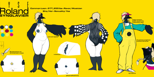 anthro anus areola beak black_body black_feathers blonde_hair blue_body blue_clothing blue_feathers blue_hat blue_headwear blue_nipples blue_shirt blue_topwear blue_vulva breasts butt button_(fastener) buttplug clitoris clothed clothing color_swatch drugs feathers feet female footwear front_view genitals hair hat headgear headwear information leg_markings lsd markings membrane_(anatomy) nipple_piercing nipples nude overalls oversized_clothing piercing pigtails pink_clothing pink_hat pink_headwear plug_(sex_toy) pronouns pussy_tape rear_view red_eyes sex_toy shirt shoes slightly_chubby smiley_face sneakers socks_(marking) solo spread_butt spreading tape text toes topwear visor_cap vulva webbed_feet white_body white_clothing white_feathers white_footwear white_shoes winged_arms wings y2k_(graphic_design) magnetiorchid roland_corporation lyse_roland_synglavier avian bird common_loon loon 2021 absurd_res character_name clip_studio_paint_(artwork) colorful_theme digital_media_(artwork) english_text hi_res model_sheet signature species_name