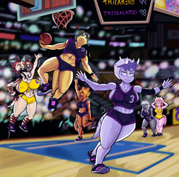 3_horns accessory anthro ball basketball basketball_(ball) basketball_court basketball_uniform beanie big_breasts black_beanie black_clothing black_hat black_headwear blonde_hair blue_eyes bodily_fluids bottomwear breasts brown_hair clothing crop_top curvy_figure eyelashes eyes_closed eyewear facial_horn female footwear frill_(anatomy) glasses grey_body grey_hair grey_scales group hair hat headband headgear headwear horn huge_breasts jersey long_hair long_tail midair midriff motion_lines multi_horn multicolored_body multicolored_scales nipple_outline nose_horn open_mouth open_smile orange_body orange_scales pink_body pink_eyes pink_hair pink_scales purple_body purple_eyes purple_hair purple_scales red_body red_scales round_glasses scales shirt shoes short_hair shorts side_boob smile sneakers snout spiked_tail spikes spikes_(anatomy) sportswear sweat sweatdrop tail text thick_thighs topwear two_tone_body two_tone_scales uniform voluptuous voluptuous_anthro voluptuous_female wide_hipped_anthro wide_hipped_female wide_hips yellow_body yellow_scales dannoartista cavemanon_studios devlog:_a_post-modern_college_experience goodbye_volcano_high hold_onto_mi i_wani_hug_that_gator snoot_game wade-james_dunk_photo abigail_(devlog) fan_character hornelya_di_ablezza kiara_(iwhtg) mimi_(hold_onto_mi) trish_(gvh) trixie_(dannoartista) ceratopsian dinosaur einiosaurus ornithischian prehistoric_species protoceratops reptile scalie styracosaurus triceratops 2025 absurd_res artist_name digital_drawing_(artwork) digital_media_(artwork) hi_res meme watermark