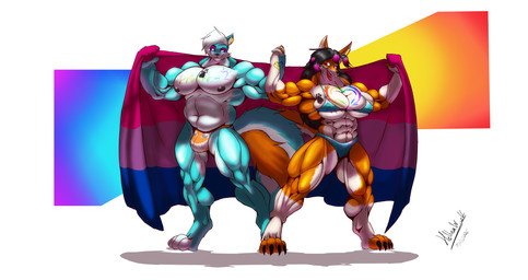 anthro biceps bisexual breasts bulge chest_tattoo clothing duo female flag flag_(object) flexing helly_(helluva.w.wolf) lgbt_pride male male/female musclegut muscular muscular_anthro muscular_female muscular_male pecs piercing pose rainbow_paint standing tattoo underwear helluva.w.wolf lgbt_pride_month ari_(helluva.w.wolf) canid canine canis fox mammal wolf absurd_res digital_media_(artwork) hi_res