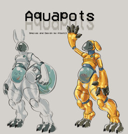 ambiguous_gender anthro aquarium_body biped claws container duo ears_down ears_up holding_tail machine pivoted_ears screen screen_face simple_background tail visor water white_body white_skin yellow_body yellow_skin yavh13 aquapot aquatic arthropod crab crustacean decapod fish malacostracan robot robot_anthro absurd_res hi_res
