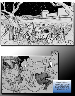 anthro bottomless bottomless_female breasts bridal_carry carrying_another clothed clothing curvy_figure drainage_pipe duo female fence flower fungus grass hourglass_figure male male/female mushroom night plant star sweater text topwear tree turtleneck water chris_fischer chip_'n_dale_rescue_rangers disney chip_(disney) gadget_hackwrench chipmunk ground_squirrel mammal mouse murid murine rodent sciurid comic english_text hi_res