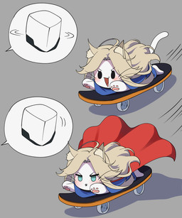 alternate_species anthro armor black_eyebrows blonde_hair blue_clothing blush blush_lines cape clothed clothed_anthro clothed_female clothing cute_fangs duo eyebrows eyelashes fangs female fur hair headgear helmet inner_ear_fluff lying machine male motion_lines mouth_closed on_front open_mouth pawpads paws pink_paws red_cape red_clothing simple_background skateboard skateboarding space_helmet speech_bubble tail teeth tuft vehicle white_body white_fur yellow_ears yellow_inner_ear_fluff j_humbo capcom pragmata diana_(pragmata) hugh_williams_(pragmata) android domestic_cat felid feline felis human mammal robot 2026 absurd_res headshot_portrait hi_res portrait