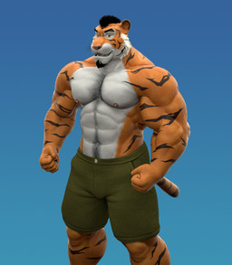 abs anthro biceps black_hair black_stripes blue_background body_hair bottomwear brown_eyes chest_hair claws clothed clothing deltoids facial_hair finger_claws fist fur goatee green_bottomwear green_clothing green_shorts hair happy_trail male muscular muscular_anthro muscular_male navel nipples obliques orange_body orange_fur pecs shorts sideburns simple_background solo striped_body striped_fur stripes topless triceps whiskers white_hair braford nick_(braford) felid mammal pantherine tiger 2023 3d_(artwork) digital_media_(artwork)