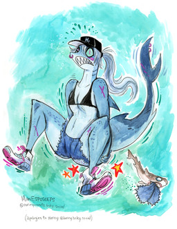 anthro bikini bikini_top bottomwear breasts butt clothing facial_piercing female feral fin footwear freckles furgonomic_piercing furgonomics hair hotpants navel non-mammal_breasts non-mammal_navel nose_piercing nose_ring piercing ponytail ring_piercing scar sharp_teeth shoes shorts small_breasts solo swimwear tail tail_fin teeth thick_thighs two-piece_swimsuit mariesposeets jawlene_(herny) aquatic cookiecutter_shark dalatiid fish shark squaliform hi_res