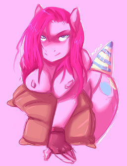 anthro anthrofied big_breasts blue_eyes breasts clothing cutie_mark female fur gloves hair handwear hat headgear headwear nipples party_hat pillow pink_body pink_fur pink_hair simple_background solo aries84 friendship_is_magic hasbro my_little_pony pinkamena_(mlp) pinkie_pie_(mlp) earth_pony equid equine horse mammal pony hi_res source_request