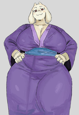 anthro asian_clothing breasts claws cleavage clothed clothing east_asian_clothing female finger_claws fur hands_on_hips japanese_clothing kimono purple_clothing red_eyes smile solo voluptuous_anthro voluptuous_female white_body white_fur dumbwitchyy undertale_(series) toriel boss_monster_(undertale) bovid caprine goat mammal hi_res