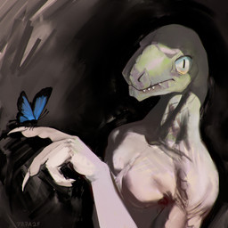 ambiguous_feral ambiguous_gender antennae_(anatomy) anthro anthro_focus claws duo fangs featureless_chest feral finger_claws insect_wings male male_anthro pupils scales simple_background slit_pupils solo_focus standing teeth text wings 7b7a2f arthropod butterfly dinosaur dromaeosaurid insect lepidopteran prehistoric_species reptile saurischian scalie theropod 2022 artist_name digital_media_(artwork) digital_painting_(artwork) hi_res painting_(artwork)