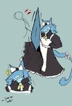 anthro barazoku blood bodily_fluids bow_ribbon clothed clothing crossdressing eyes_closed kick long_tail maid_uniform male raised_leg simple_background solo tail uniform cu3rvo sergal absurd_res hi_res model_sheet