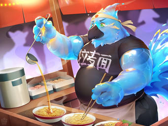 accessory aged_up anthro apron beak blue_body bottomwear chopsticks clothed clothing food green_eyes headband kitchen_utensils ladle male mature_male musclegut muscular noodles outside pants ramen restaurant shirt solo standing t-shirt text text_on_clothing text_on_topwear tools topwear water water_body pawsve european_mythology greek_mythology mythology luuklook avian elemental_creature mythological_avian mythological_bird mythological_creature mythological_firebird phoenix water_creature water_phoenix 4:3 watermark
