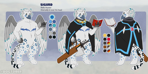 anthro axe black_cloak black_clothing blue_eyes book cloak clothing fur male melee_weapon solo sword text weapon white_body white_fur wings dogtober mythology sigurd_(pelpo) avian felid gryphon mammal mythological_avian mythological_creature pantherine snow_leopard english_text hi_res model_sheet
