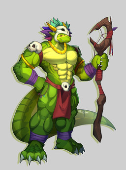 5_fingers abs ankle_wraps anthro armlet barefoot biceps bottomwear clothed clothing feathered_headdress feet fingers green_body grey_background hand_on_hip holding_object holding_staff jewelry loincloth male muscular muscular_anthro muscular_male muscular_thighs necklace pecs purple_eyes serratus simple_background skull_accessory skull_helmet smile smiling_at_viewer solo staff standing tail text topless topless_anthro topless_male tribal tribal_clothing wraps wrist_wraps yellow_sclera furty_tyan terraria shimmered_witch_doctor witch_doctor_(terraria) lihzahrd lizard reptile scalie digital_media_(artwork) full-length_portrait hi_res portrait url
