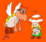 anthro blush clothing duo feathered_wings feathers female flower hair love male plant pouting simple_background smile wings saliant mario_bros nintendo fan_character koopa koopa_paratroopa koopa_troopa reptile scalie toad_(mario) hi_res