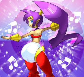arms_out bandeau bedlah big_diaper blue_eyes clothing dancing diaper ear_piercing ear_ring exposed_diaper female gold_accessory hair long_ponytail not_furry piercing ponytail purple_hair ring_piercing solo topwear femsketchpad shantae_(series) wayforward shantae half_genie humanoid absurd_res digital_media_(artwork) hi_res