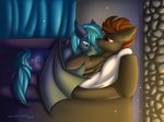 cuddling duo feral fireplace furniture living_room male male/male pillow sofa snowstormbat hasbro my_little_pony blitz_(mlp) blitz_moon fan_character guttatus equid equine horse mammal absurd_res hi_res