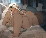 all_fours anthro atomic_wedgie belly bent_legs blush bodily_fluids butt claws clothed clothing cum cum_on_belly cum_on_body cum_on_ground cum_on_self day ejaculation footwear fur genital_fluids hands-free kemono legs_up male male/male moobs offscreen_character open_mouth open_smile outside overweight overweight_anthro overweight_male peeing peeing_on_another public sidewalk smile socks solo submissive submissive_anthro submissive_male thick_arms thick_thighs tongue tongue_out topless topless_anthro topless_male tuft underwear underwear_on_head urine urine_in_mouth urine_stream watersports wedgie qqmelon888 bear mammal 2025