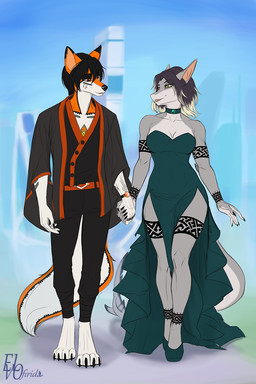 5_fingers anthro biped black_hair bottomwear breasts clothed clothed_anthro clothed_female clothed_male clothing cybernetics duo female fingers front_view fully_clothed fully_clothed_anthro fully_clothed_female fully_clothed_male fur grey_body grey_skin grey_tail hair machine male male/female orange_body orange_fur orange_tail smile standing tail teeth tongue topwear elvofirida kamikaze_otium laguna_silverjaw aquatic canid canine canis cyborg fish fox hybrid mammal shark wolf 2:3 hi_res