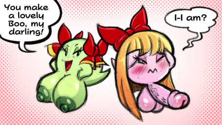 accessory areola balls big_balls big_breasts big_penis blonde_hair blush breasts dialogue duo embarrassed erection exclamation_point female floating_head_creature genitals green_areola green_body green_nipples hair hair_accessory hair_ribbon half-closed_eyes male narrowed_eyes nipples one_eye_closed open_mouth penis pink_body question_mark ribbons speech_bubble text sachasketchy mario_bros nintendo paper_mario celeste_(celesteandbow) lady_bow boo_(mario) ghost spirit 2021 digital_media_(artwork) english_text hi_res