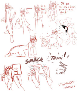 boots claws clothing dreadlocks eyewear footwear glasses hair long_hair long_sleeves lying magic melee_weapon paws robe shoes sword text weapon trevhart tesni_tano canid canine domestic_cat felid feline felis fox mammal english_text hi_res