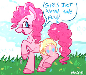 blue_eyes cloud confetti cutie_mark diaper female feral grass hair hooves open_mouth open_smile pink_body pink_hair plant smile solo text freudcore friendship_is_magic hasbro my_little_pony pinkie_pie_(mlp) equid equine horse mammal pony 2024 english_text