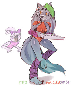 accessory amber_eyes anthro armwear beak black_nose bow_ribbon box breasts clenched_teeth clothing collar container duo ear_piercing ear_ring eyebrows facial_markings fangs feather_hair feathers feet female fur green_highlights grey_body grey_fur grey_hair hair hair_accessory hair_bow hair_ribbon head_markings highlights_(coloring) holding_box holding_container holding_object holding_pizza_box long_hair long_tail looking_back markings open_beak open_mouth paws piercing pink_clothing pizza_box pseudo_hair red_clothing ribbons ring_piercing shoulder_pads simple_background stealing tail teeth text topwear white_body maridiansnack five_nights_at_freddy's five_nights_at_freddy's:_security_breach scottgames steel_wool_studios glamrock_chica roxanne_wolf avian bird canid canine canis chicken galliform mammal phasianid wolf 2023 artist_name dated digital_media_(artwork)