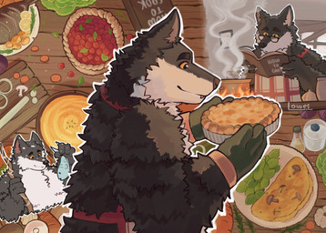 4_fingers anthro apron berry black_body black_fur black_nose book bottle bracelet carrot claws clothing container cookbook cooking cooking_pot cutting_board eyebrows eyewear fangs fingers fire fishing_rod fluffy food fruit fungus fur fuzzy glasses grey_body grey_fur holding_book holding_food holding_object jewelry male mushroom omelette orange_eyes outline plant plate quiche reading reading_book smile smoke snow snow_on_fur solo standing teeth underbelly vegetable wearing_glasses window yellow_eyes fluffylowes intermarche_unloved albert_(intermache_unloved) the_first_wolf_(unloved) canid canine canis fish mammal marine wolf colored hi_res multiple_images multiple_scenes signature