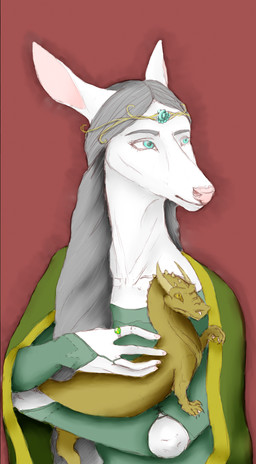 ambiguous_gender anthro clothing crown duo female feral grey_hair hair headgear horn jewelry larger_anthro long_hair looking_aside red_background ring simple_background size_difference smaller_ambiguous smaller_feral teal_eyes tiara white_body yellow_body banfia lady_with_an_ermine mythology deer dragon mammal mythological_creature mythological_scalie scalie wingless_dragon 2015 hi_res inspired_by_formal_art