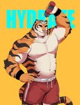 anthro bottomwear clothing fur male muscular muscular_anthro one_eye_closed shorts simple_background solo stripes text wink ixkouu felid mammal pantherine tiger 2020 digital_media_(artwork) hi_res