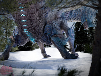 female feral forest genitals glowing glowing_markings looking_at_viewer looking_back markings outside plant quadruped snow solo tree vulva wings potatotime dransvitry_(modeler) capcom monster_hunter mythology dragon mythological_creature mythological_scalie scalie velkhana 3d_(artwork) blender_(artwork) digital_media_(artwork) hi_res watermark