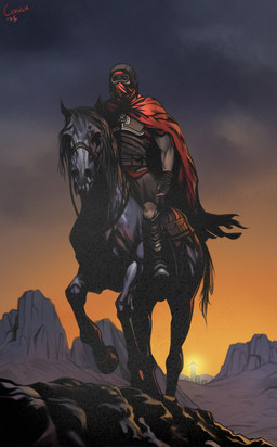 ambiguous_gender armor boots caesars_legion city cloak clothing cloud covered_face desert detailed_background duo feral footwear goggles_on_face headgear helmet male military_uniform new_vegas not_furry outside overcast riding_horse shoes sky uniform wearing_boots wearing_helmet corvux fallout microsoft equid equine ghoul_(fallout) horse human mammal 2025 english_description hi_res signature