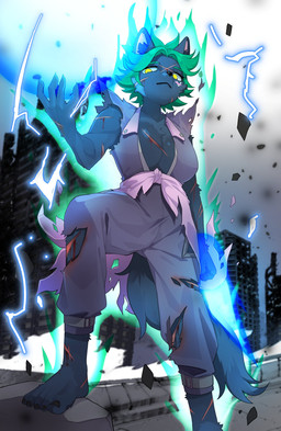 angry anthro aura blood bodily_fluids breasts cleavage clothed clothing female ruins solo torn_clothing wounded matmat aewolnan canid canine fox mammal hi_res