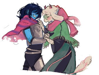 ambiguous_gender anthro armor blue_body blue_hair blush clothing duo eyewear fur glasses hair hand_holding horn male male/ambiguous robe scarf smile white_body white_fur susujenii deltarune undertale_(series) kris_dreemurr ralsei bovid caprine goat human mammal