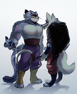 4_fingers anthro arm_wrapping arm_wraps bottomwear cheek_tuft claws cloak clothed clothing digitigrade duo ears_up facial_markings facial_tuft fingers fluffy fluffy_tail frown fur fuzzy glistening glistening_weapon grey_body grey_fur grin half-closed_eyes head_markings holding_object holding_weapon leg_wraps looking_at_another looking_pleasured male markings mask_(marking) muscular muscular_anthro muscular_male narrowed_eyes neck_tuft orange_eyes pants pawpads plantigrade pointy_ears poncho prick_ears red_eyes sharp_teeth sickle simple_background size_difference smile spots spotted_body spotted_fur spotted_markings standing tail teeth topless tuft underbite weapon whiskers white_background wrapped_arms wrapped_legs wraps leisen_mellow dreamworks kung_fu_panda puss_in_boots_(franchise) death_(puss_in_boots) tai_lung_(kung_fu_panda) canid canine canis felid mammal pantherine snow_leopard wolf crossover hi_res watermark