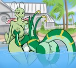 antennae_(anatomy) anthro big_breasts blush breast_squish breasts building butt duo face_between_breasts featureless_crotch female female/female grass green_body house nipples outside palm_tree partially_submerged plant smile squish standing_in_water swimming_pool tree dima_(artist) nintendo pokemon magnolia_(n4ckl3) rose_(n4ckl3) elemental_creature flora_fauna generation_2_pokemon generation_5_pokemon meganium pokemon_(species) serperior hi_res