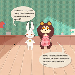 anthro apron apron_only brown_body clothing duo female male text white_body lokbunny17 animal_crossing nintendo lok_bunny sable_able amoeba_(organism) aquatic eulipotyphlan hedgehog lagomorph leporid mammal rabbit english_text hi_res