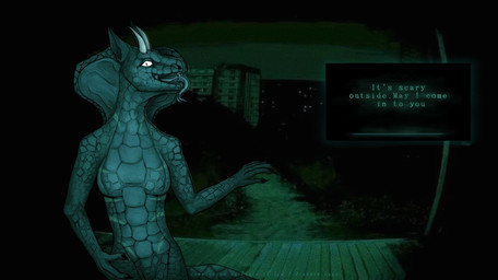 anthro breasts dialogue_box ears_outwards female glowing glowing_eyes glowing_markings horn looking_at_viewer markings nude nude_anthro nude_female paws pivoted_ears snake_hood solo text white_eyes no_i'm_not_a_human ti-julie_(puroslavking) cobra reptile scalie snake english_text