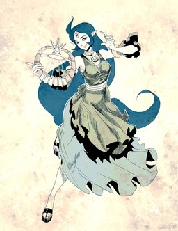 blue_hair breasts clothed clothing dress female hair harp humanoid_pointy_ears jewelry long_hair looking_at_viewer musical_instrument necklace not_furry open_mouth plucked_string_instrument pointy_ears simple_background smile solo string_instrument genzoman nintendo oracle_of_ages the_legend_of_zelda nayru deity humanoid hylian 2014 digital_media_(artwork)