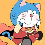 anthro bell blue_body blue_fur cape clothed clothing ears_up eyes_closed fur hand_on_face machine male mouth_closed orange_background red_nose simple_background sitting solo whiskers white_body white_fur yiqiyisu_sumi doraemon doraemon_(character) domestic_cat felid feline felis mammal robot 1:1 2022