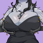 anthro big_breasts breasts claws cleavage clothed clothing cross cross_necklace dress female finger_claws fur gloves_(marking) grey_body grey_fur horn jewelry long_nails markings necklace purple_background self_grope simple_background solo sparkles friddscat frids ambiguous_species 1:1 shaded watermark