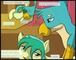 2018 avian blue_body blue_eyes blue_fur comic cuddling dialogue digital_media_(artwork) duo english_text equid feathered_wings feathers feral flash_draw friendship_is_magic fur gallus_(mlp) green_body green_eyes gryphon hair hasbro inside male mammal my_little_pony mythological_avian mythological_creature mythology nude sandbar_(mlp) text toony turquoise_hair wings