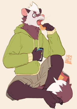 anthro bottomwear brown_body brown_fur clothing eating eating_food fur green_bottomwear green_clothing green_eyes green_hoodie green_shorts green_topwear hoodie male shorts sitting sitting_on_ground slim_anthro slim_male solo topwear white_body white_fur hemuchang nintendo nintendo_switch domestic_ferret mammal mustelid musteline true_musteline weasel 2022 hi_res