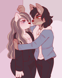 against_surface against_wall anthro biped black_bottomwear black_clothing black_eyebrows black_hair black_pants black_suit blonde_hair blue_clothing blue_jacket blue_topwear blush blush_lines bottomwear breasts brown_body brown_fur cheek_tuft cleavage clothed clothed_anthro clothed_female clothed_male clothing collarbone cross cross_necklace duo ear_tuft eye_contact eyebrows facial_tuft female fist frowning_at_another fully_clothed fully_clothed_anthro fully_clothed_female fully_clothed_male fur green_eyes grey_body grey_eyebrows grey_fur grey_hair hair hand_on_wall heart_symbol jacket jewelry larger_anthro larger_male looking_at_another male male/female medium_hair multicolored_body multicolored_fur multicolored_hair necklace open_clothing open_jacket open_mouth open_topwear outline pants pinned pinned_to_wall red_nose red_outline shirt size_difference smaller_anthro smaller_female standing suit text thick_thighs topwear tuft two_tone_body two_tone_fur two_tone_hair wall_(structure) wavy_hair white_clothing white_shirt white_topwear suzeart canid canine canis fox mammal wolf 2024 4:5 artist_name colored digital_drawing_(artwork) digital_media_(artwork) english_description hi_res portrait shaded three-quarter_portrait warm_colors