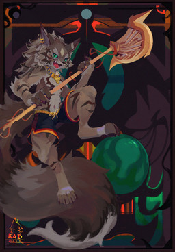 anthro axe big_tail bottomwear card clothed clothing ear_piercing ear_ring error food fruit green_eyes holding_axe holding_object male melon open_mouth open_smile piercing plant ring_piercing shorts smile solo tail topless watermelon nekokaii lifewonders tokyo_afterschool_summoners seth_(tas) canid canine canis jackal mammal hi_res signature watermark